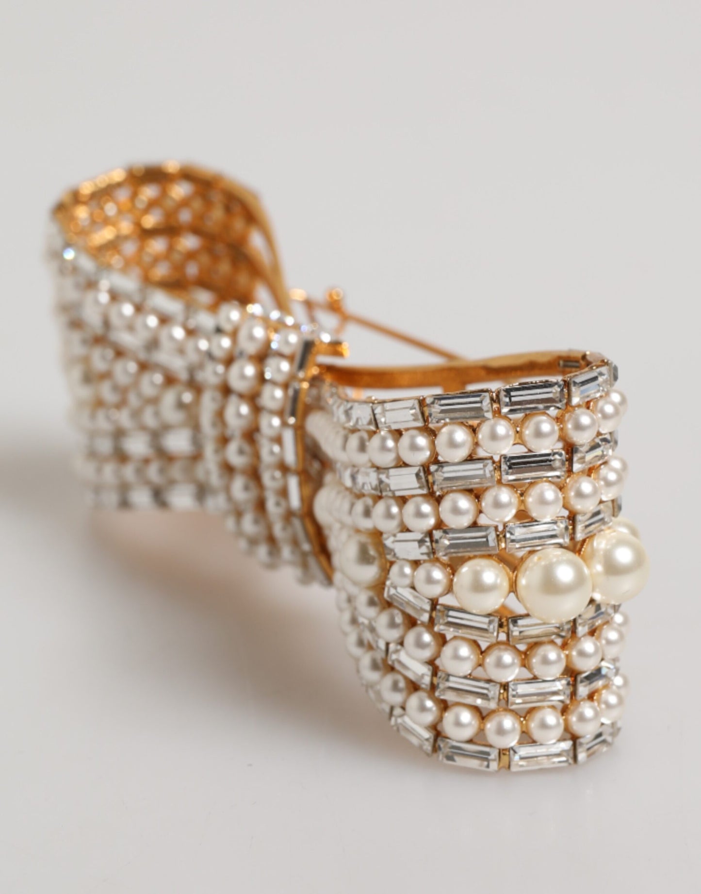 Dolce & Gabbana Gold-Ton Messing Bogen Kristall FauxPearl verschönert Brosche