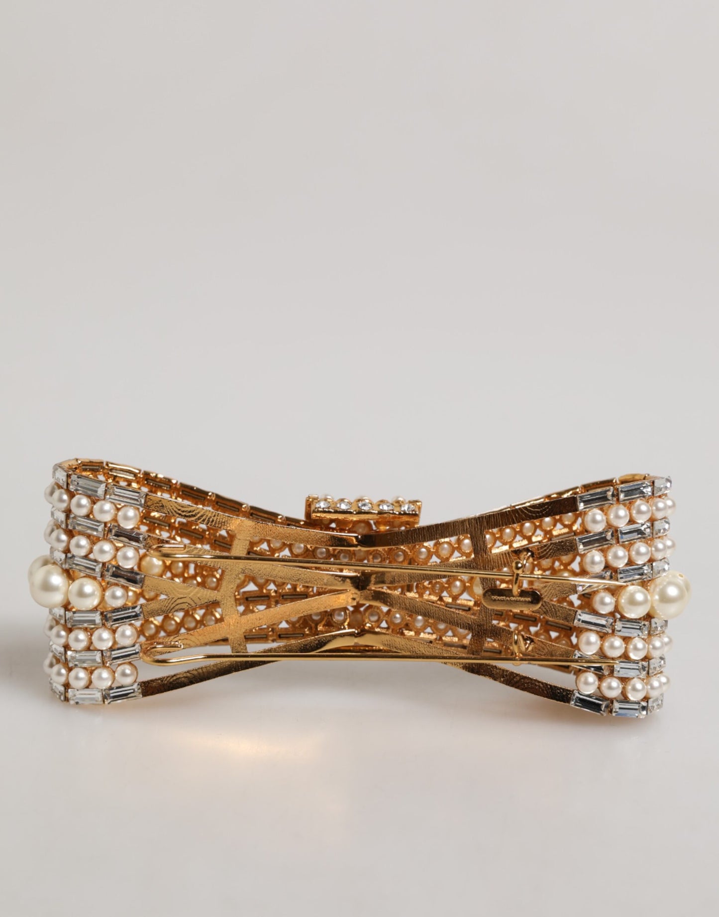 Dolce & Gabbana Gold-Ton Messing Bogen Kristall FauxPearl verschönert Brosche