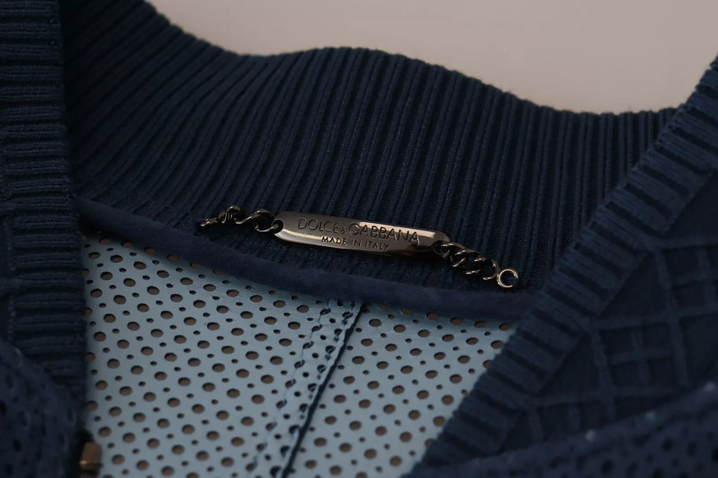 Dolce & Gabbana Perforierte Jacke mit durchgehendem Reißverschluss aus blauem Leder