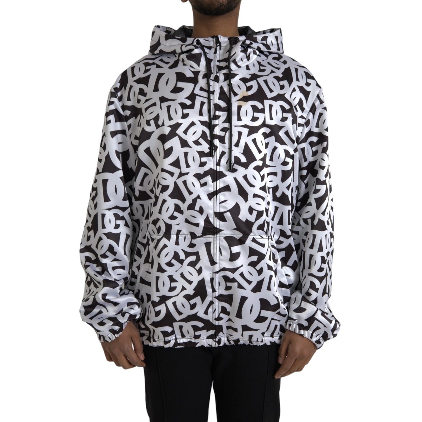 Dolce & Gabbana Weiße schwarze Logo-Bomberjacke mit Kapuze und Reißverschluss