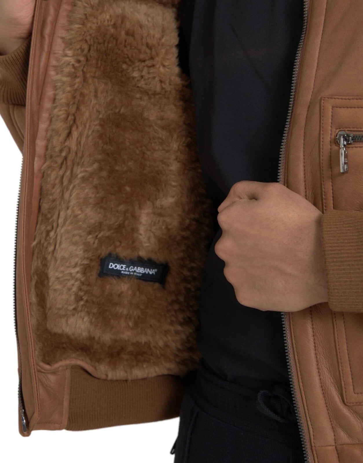 Dolce & Gabbana Brauner Leder Pelz Knopf Biker Mantel Jacke