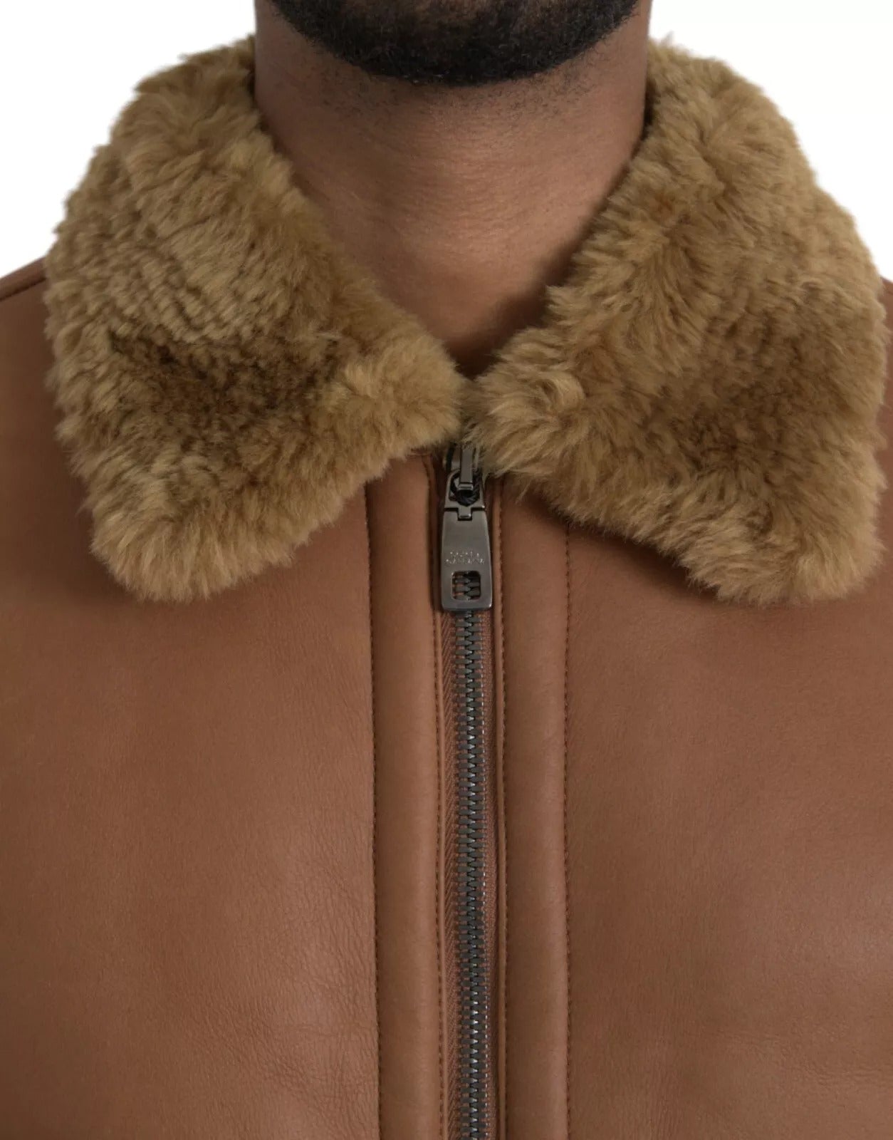 Dolce & Gabbana Brauner Leder Pelz Knopf Biker Mantel Jacke