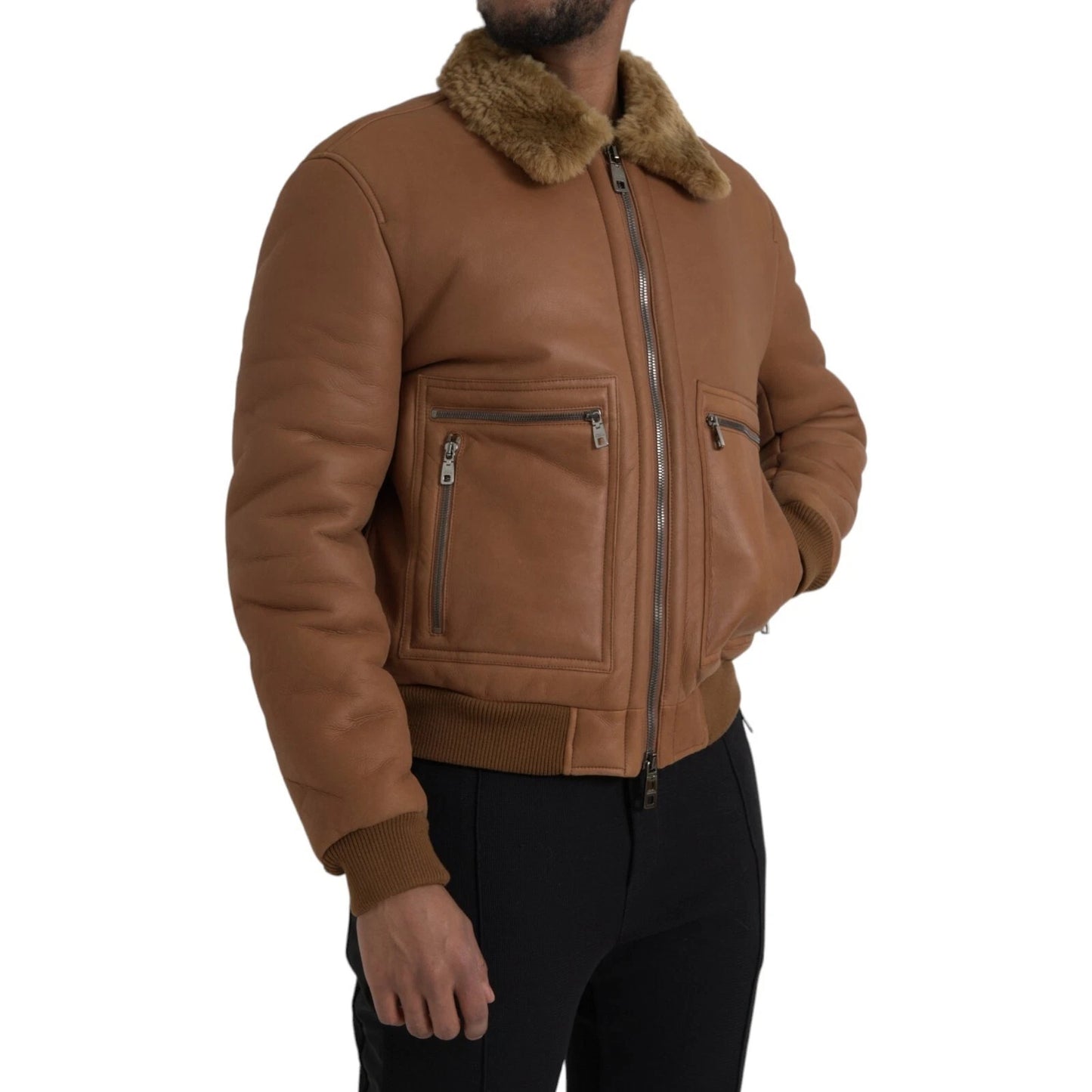 Dolce & Gabbana Brauner Leder Pelz Knopf Biker Mantel Jacke