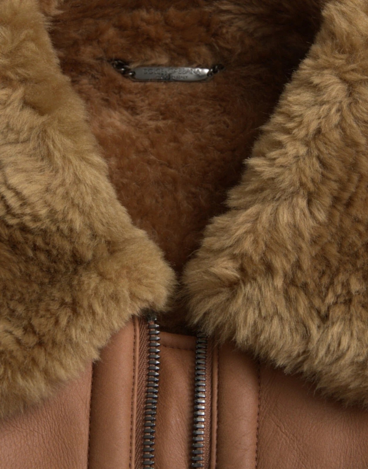 Dolce & Gabbana Brauner Leder Pelz Knopf Biker Mantel Jacke
