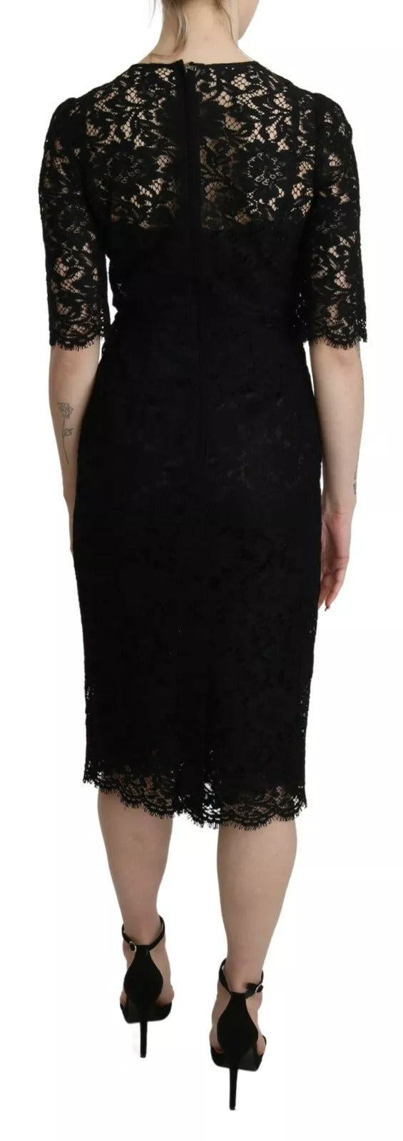 Dolce & Gabbana Schwarzes geblümtes Spitzenmantelkleid in Knielänge