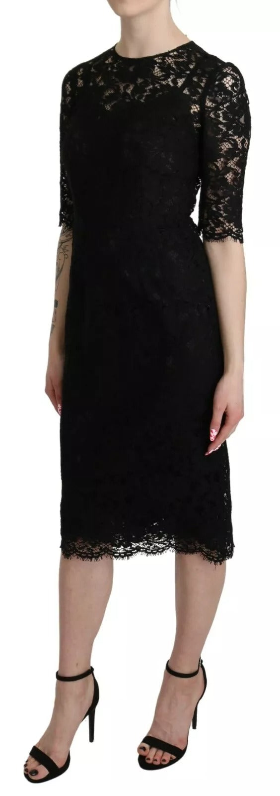 Dolce & Gabbana Schwarzes geblümtes Spitzenmantelkleid in Knielänge