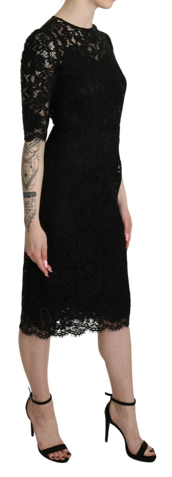 Dolce & Gabbana Schwarzes geblümtes Spitzenmantelkleid in Knielänge