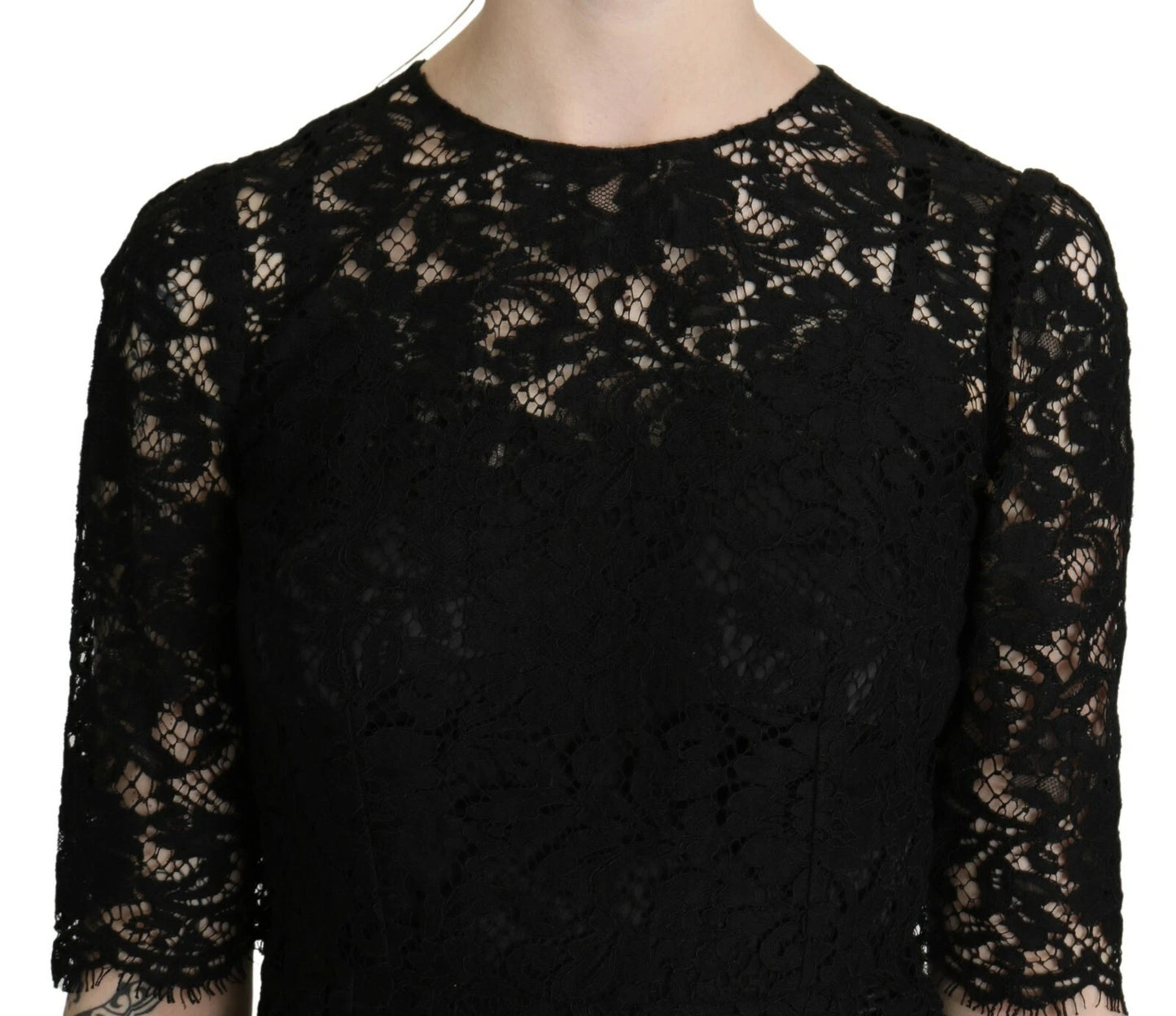 Dolce & Gabbana Schwarzes geblümtes Spitzenmantelkleid in Knielänge