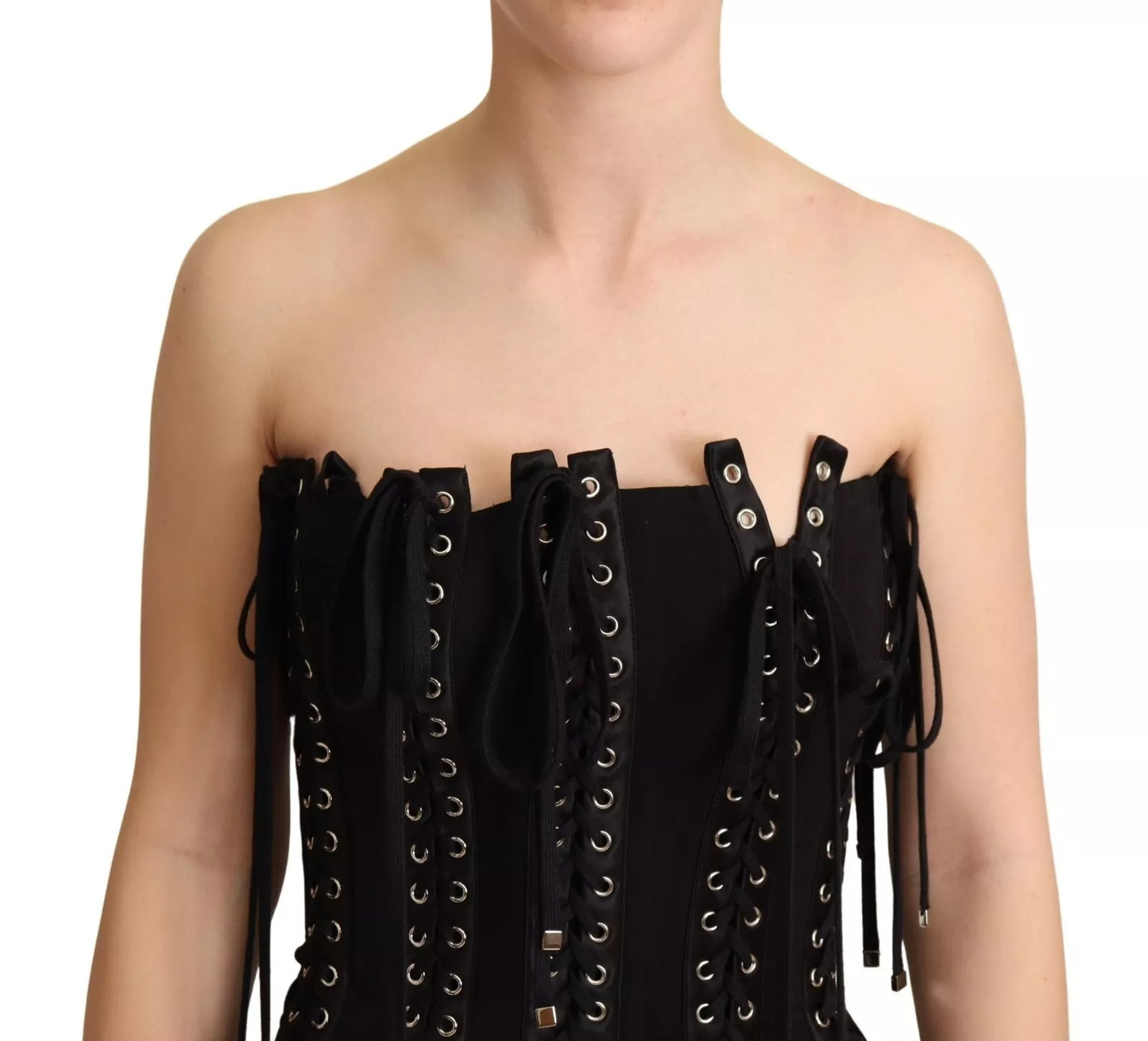 Dolce & Gabbana Schwarzes ärmelloses Bodycon-Kleid aus Cady mit Spitze
