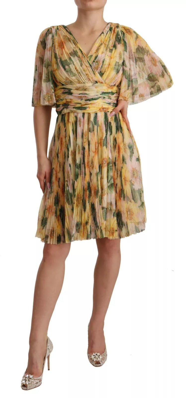 Dolce & Gabbana Gelbes Maxikleid mit Blumendruck und Plissee