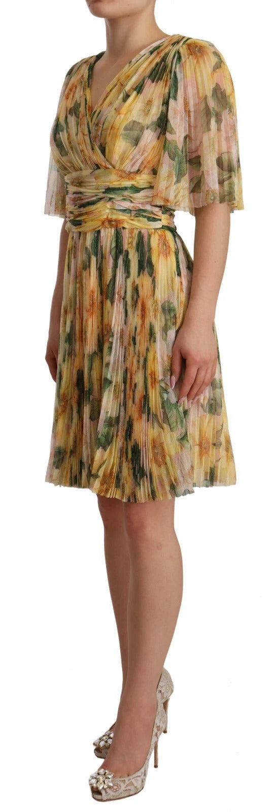 Dolce & Gabbana Gelbes Maxikleid mit Blumendruck und Plissee