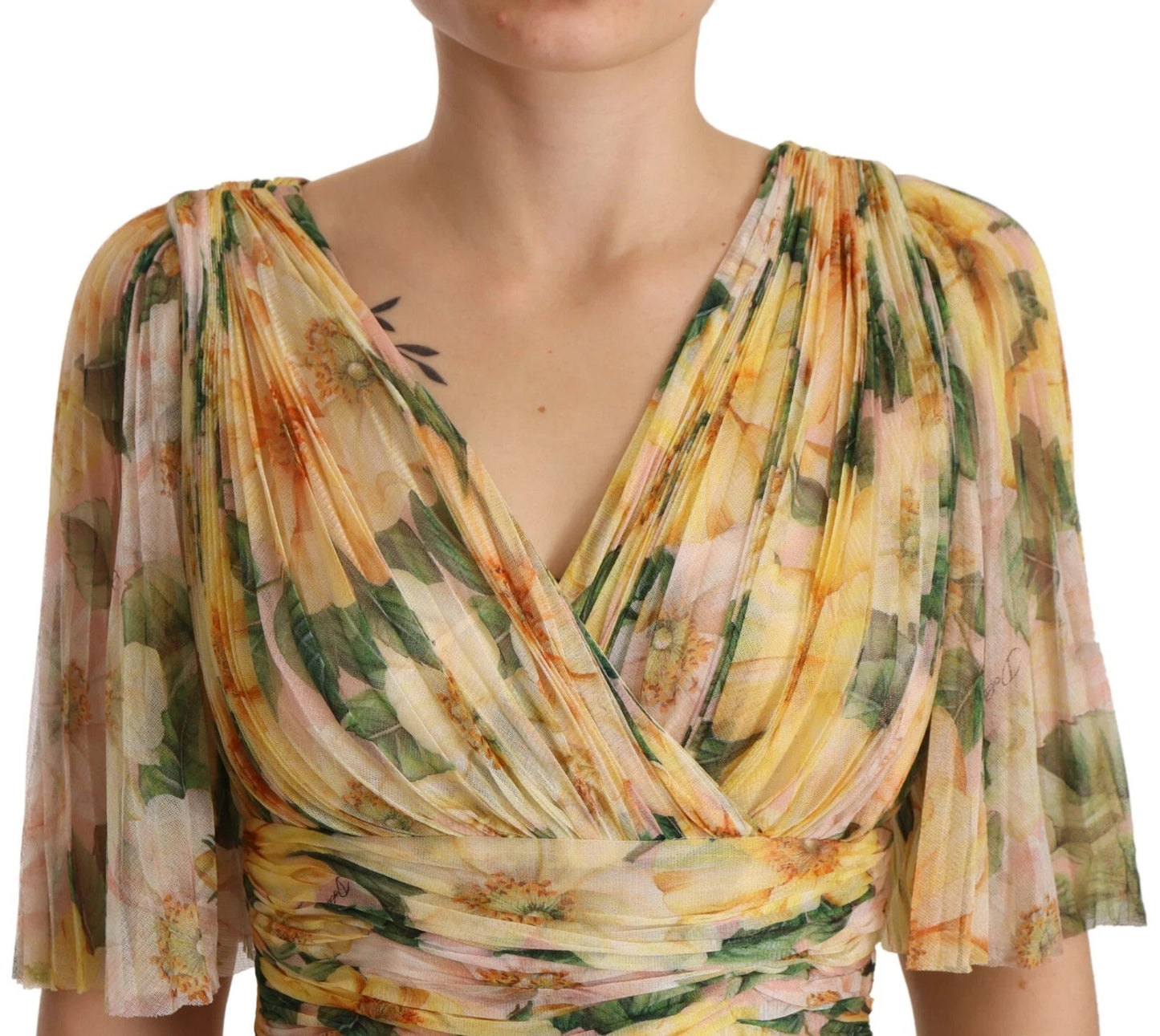 Dolce & Gabbana Gelbes Maxikleid mit Blumendruck und Plissee