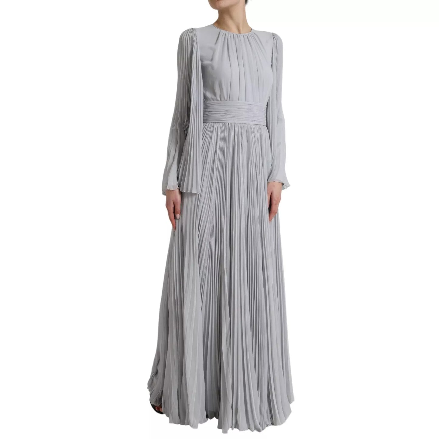 Dolce & Gabbana Hellgraues langes Maxikleid aus Polyester mit Falten