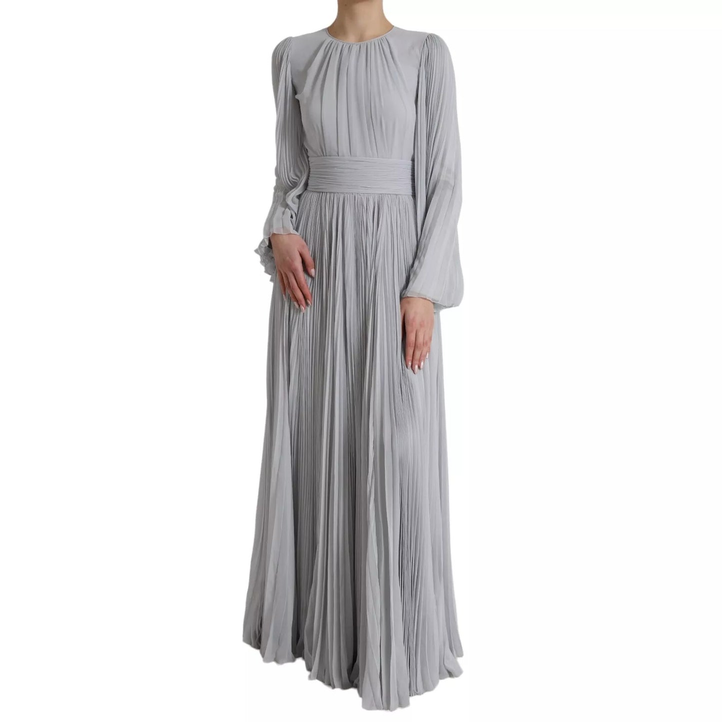 Dolce & Gabbana Hellgraues langes Maxikleid aus Polyester mit Falten