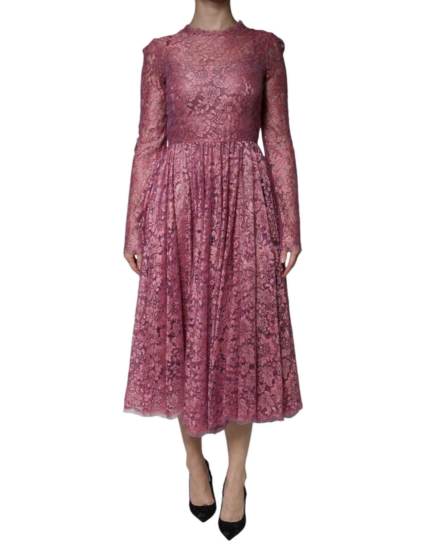 Dolce & Gabbana Rosa geblümtes langärmeliges Midikleid aus Spitze