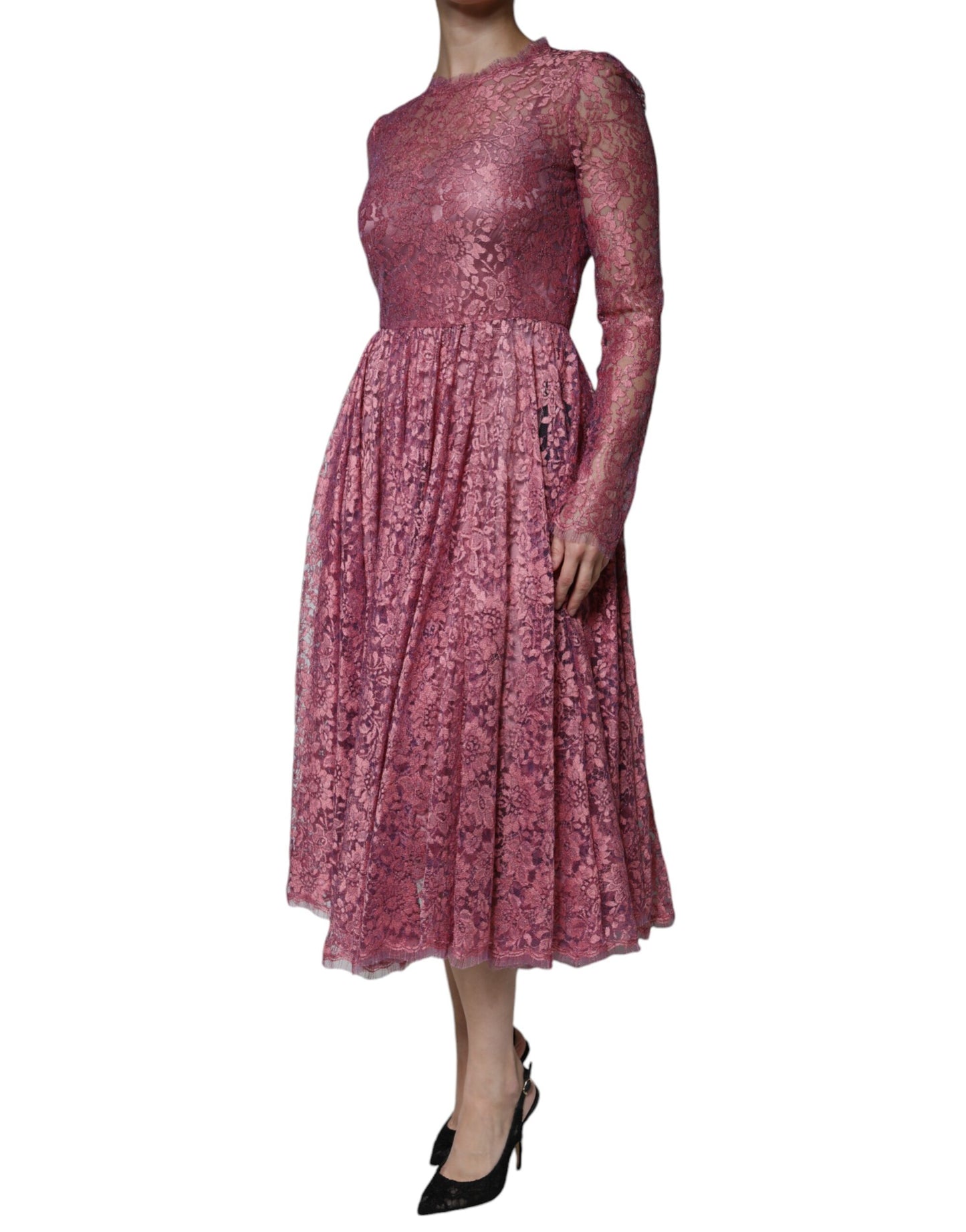 Dolce & Gabbana Rosa geblümtes langärmeliges Midikleid aus Spitze