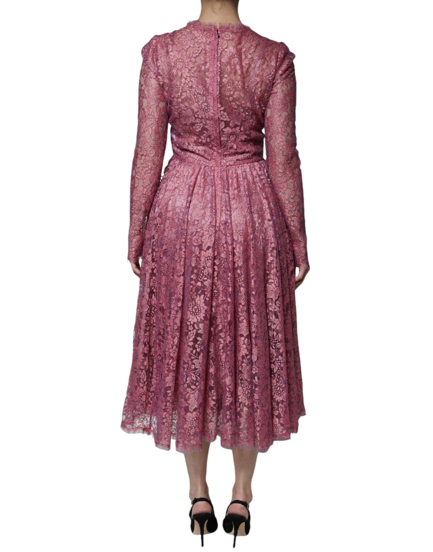 Dolce & Gabbana Rosa geblümtes langärmeliges Midikleid aus Spitze