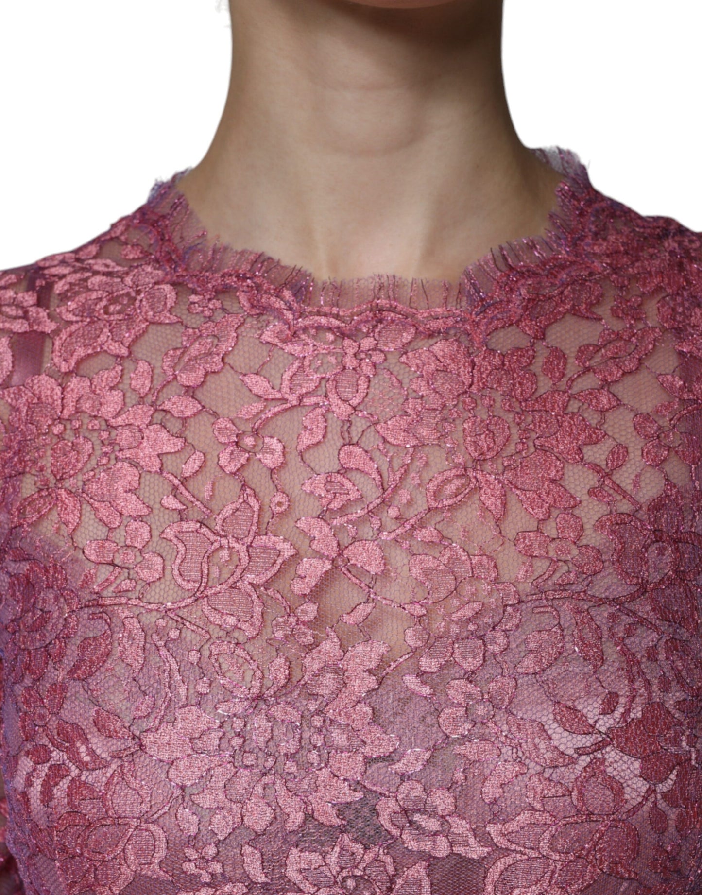 Dolce & Gabbana Rosa geblümtes langärmeliges Midikleid aus Spitze
