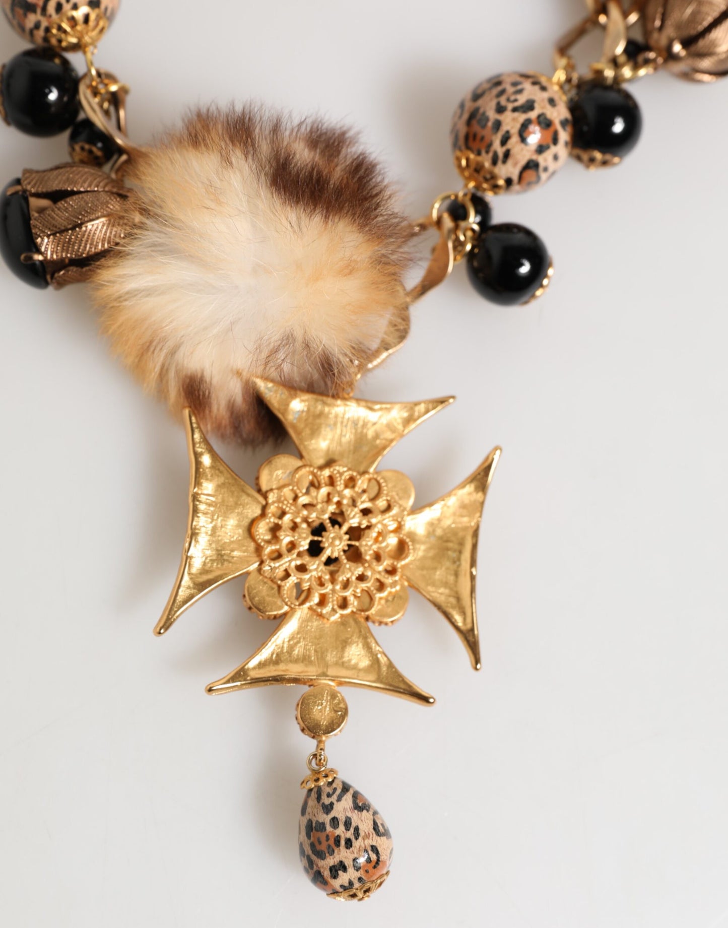 Dolce & Gabbana Gold Schwarz Kristalle Lapin Pelz Filigran Choker Halskette