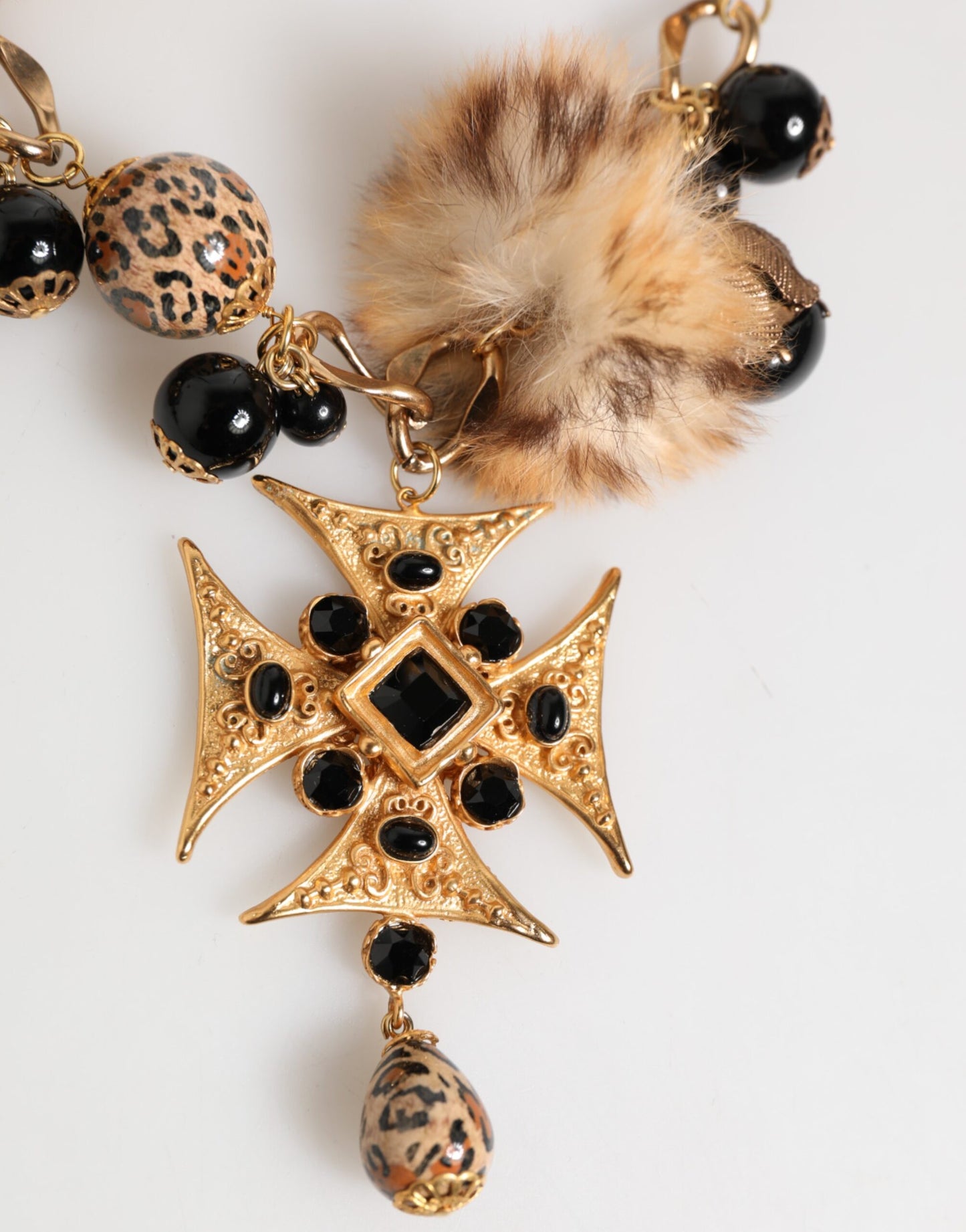 Dolce & Gabbana Gold Schwarz Kristalle Lapin Pelz Filigran Choker Halskette