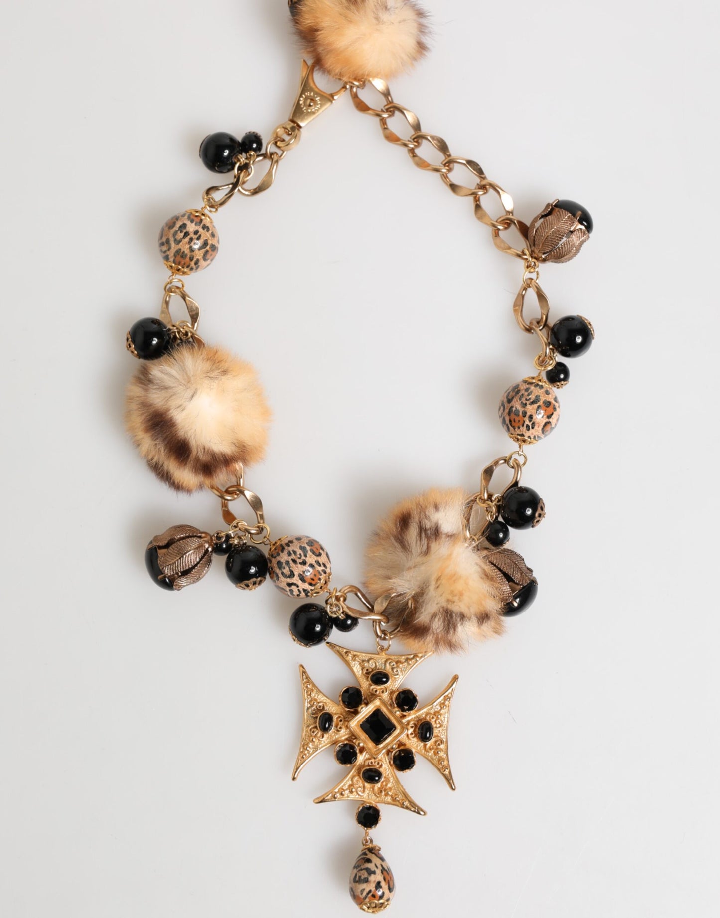 Dolce & Gabbana Gold Schwarz Kristalle Lapin Pelz Filigran Choker Halskette