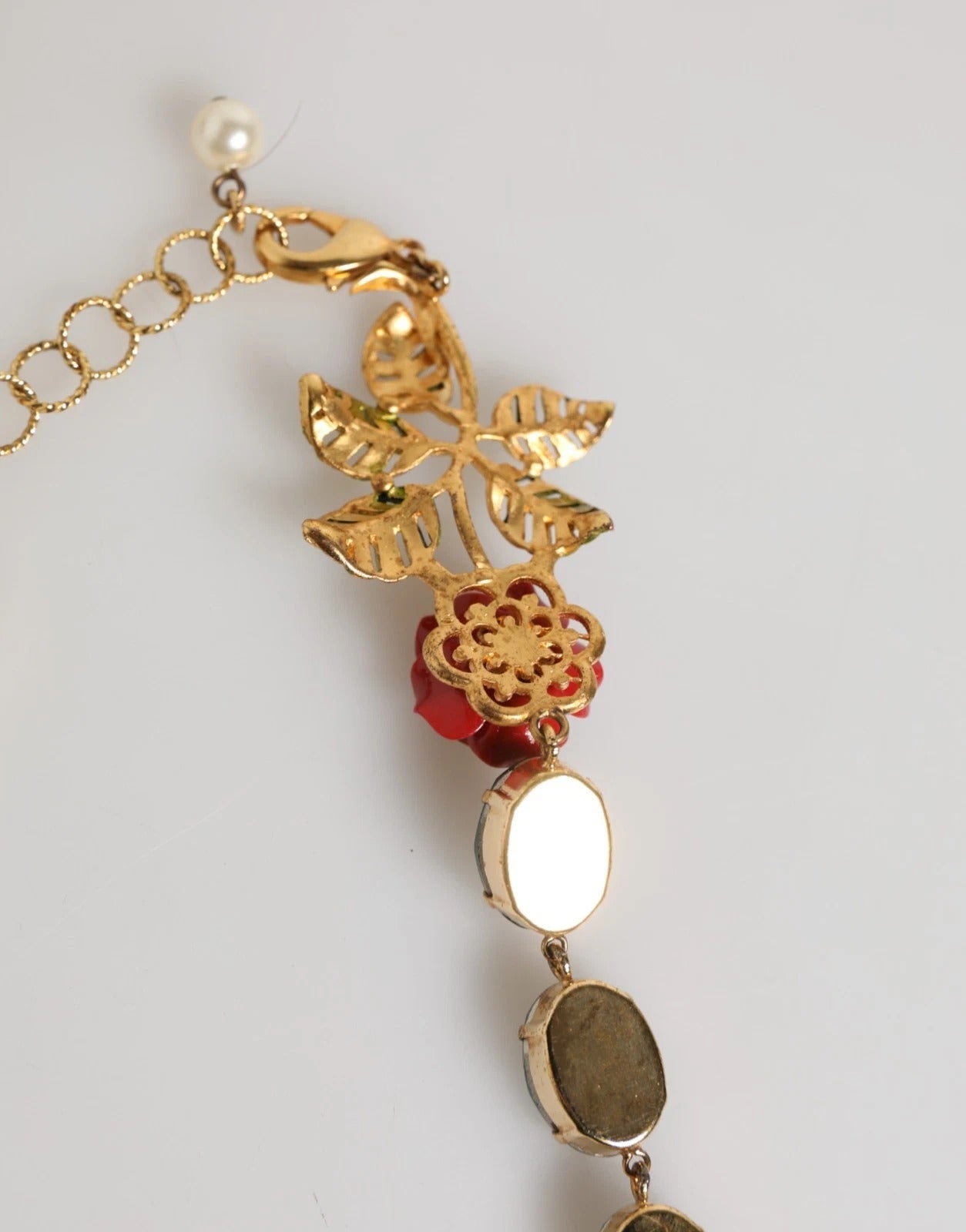 Dolce & Gabbana Rot Rose Grün Kristall Gold-Ton Kette Halskette