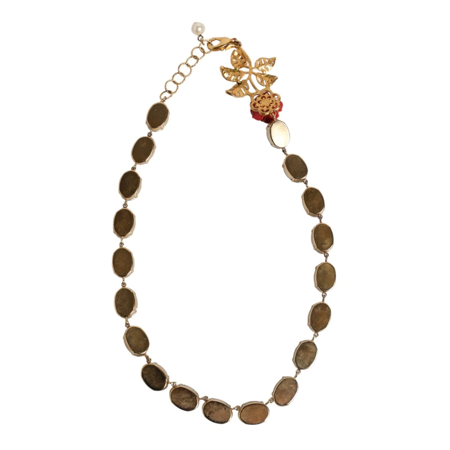 Dolce & Gabbana Rot Rose Grün Kristall Gold-Ton Kette Halskette