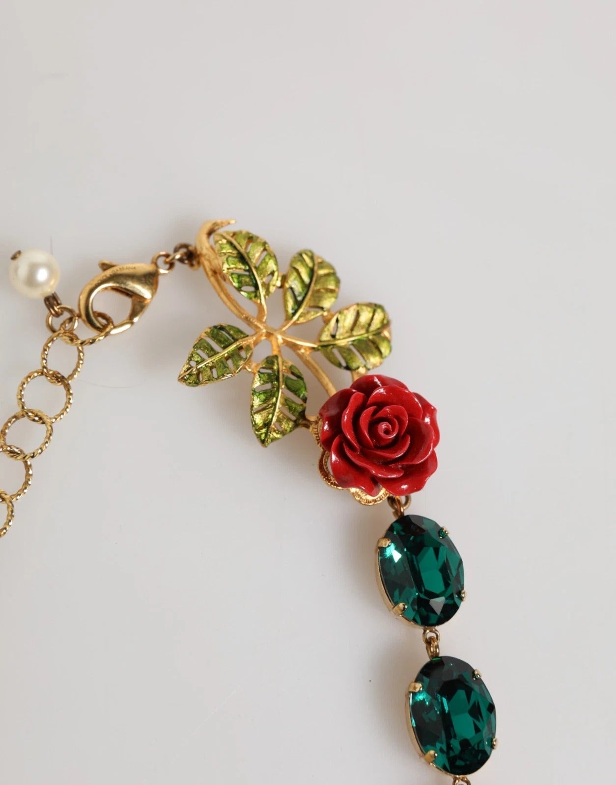 Dolce & Gabbana Rot Rose Grün Kristall Gold-Ton Kette Halskette