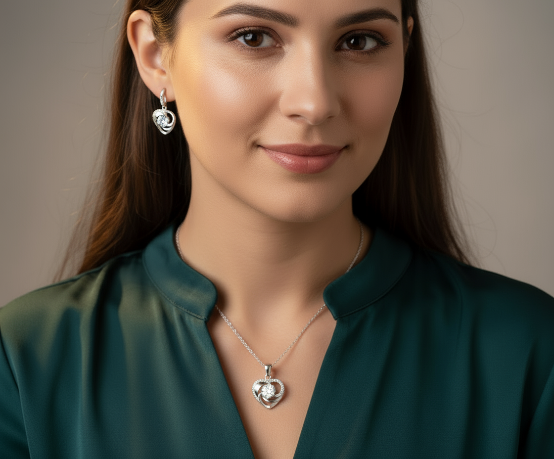 Elegantes Herz Schmuckset für Frauen – 925 Silber Halskette & Ohrringe mit Zirkonia | Hochzeit, Verlobung & Party Geschenk