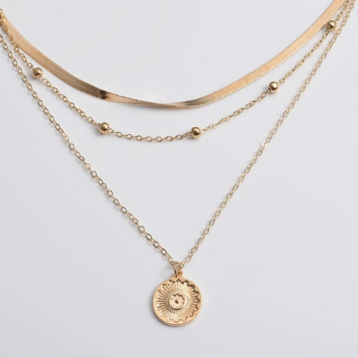 Multi-layer Chain Necklace Alloy Material Silvery Three-layer All-match Design Women's Snake Bone Chain with Round Bead Chain