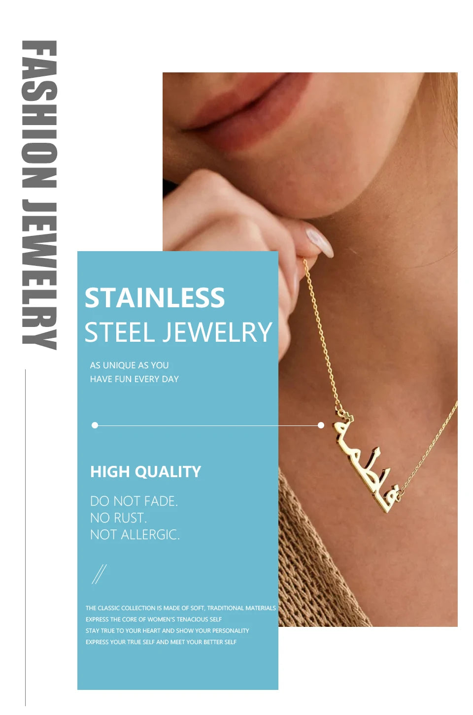 Lemegeton Customized Arabic Name Necklace Personalised Pendant Stainless Steel Jewelry for Women Girls Custom Islamic Eid Gifts