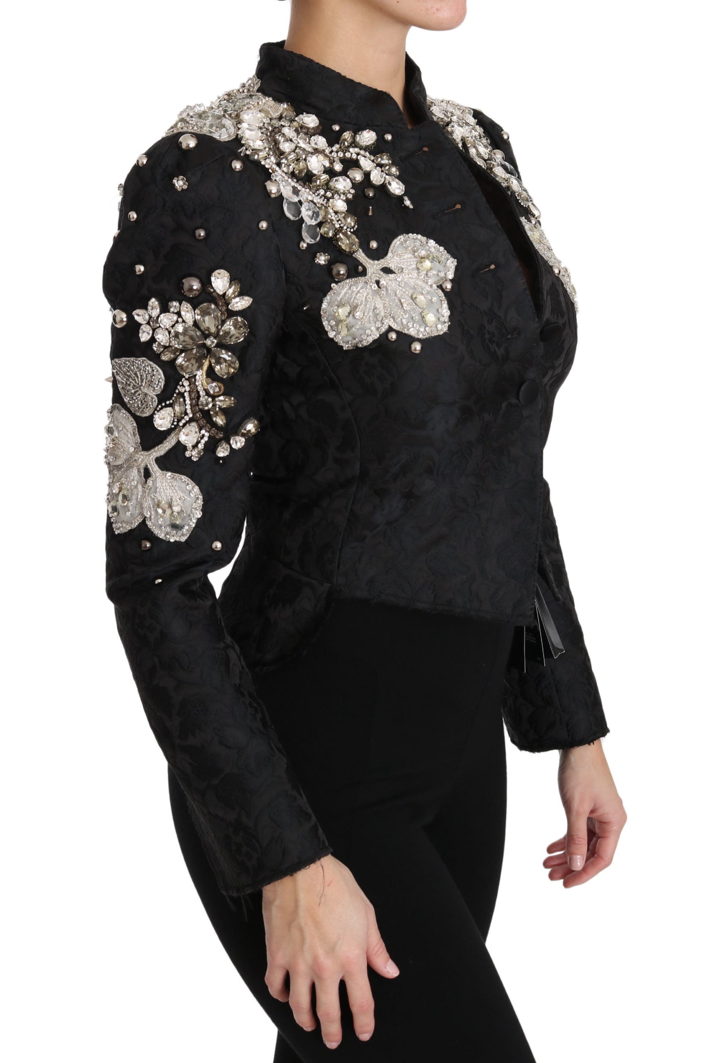 Dolce & Gabbana Schwarze Jacquard-Kristalljacke mit Blumenmuster
