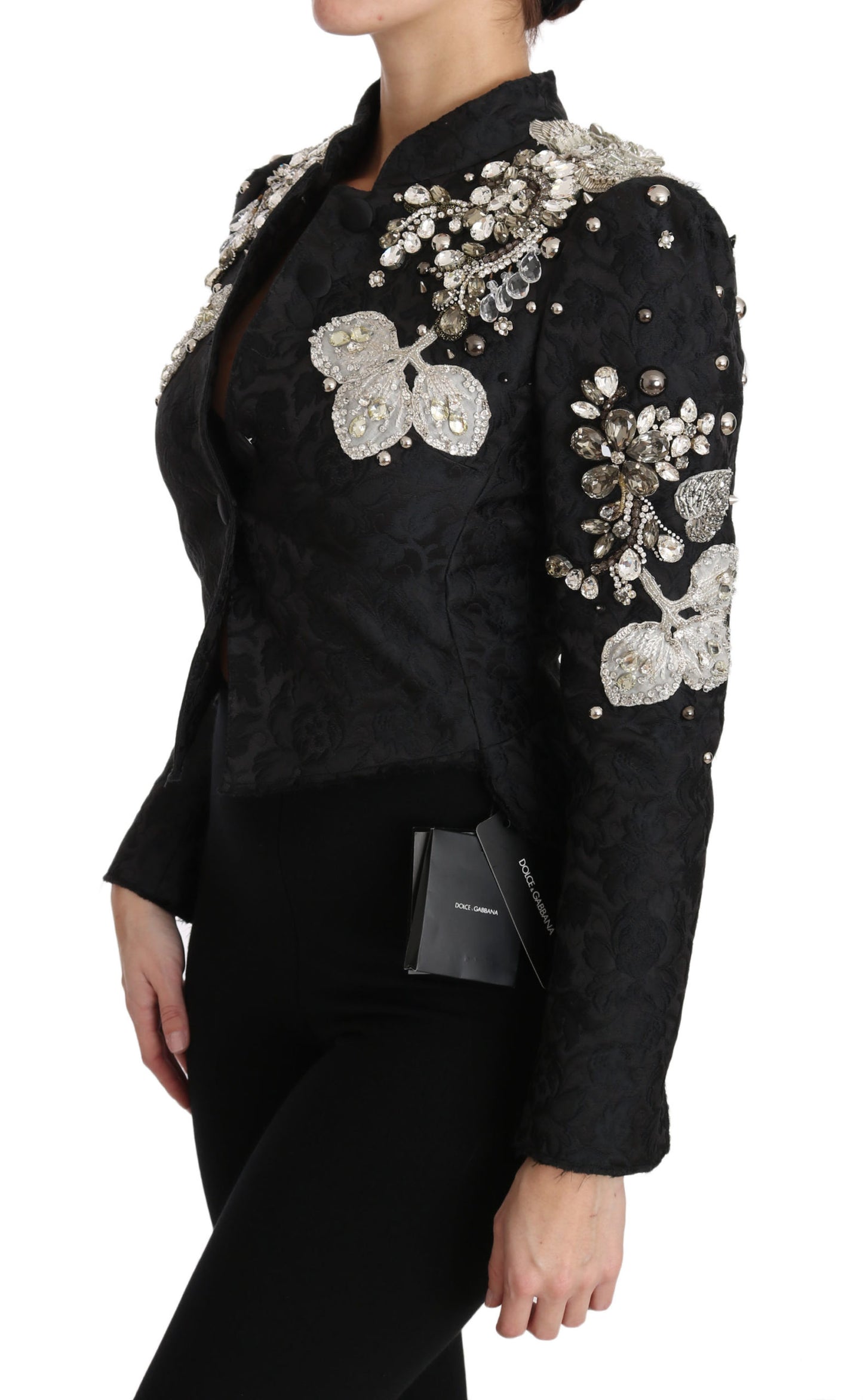 Dolce & Gabbana Schwarze Jacquard-Kristalljacke mit Blumenmuster