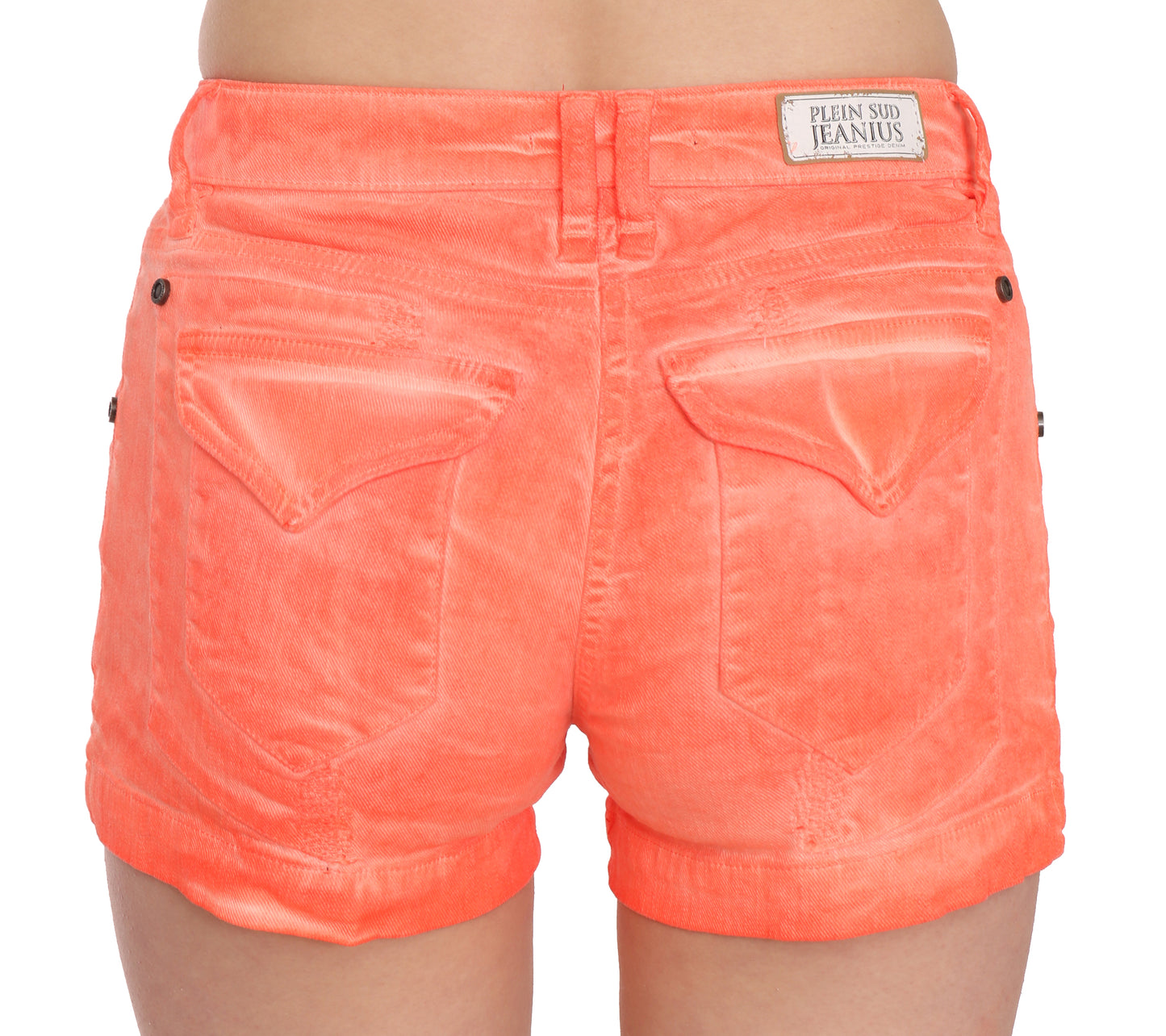 PLEIN SUD Orangefarbene Mini-Shorts aus Baumwoll-Denim mit mittlerer Taille