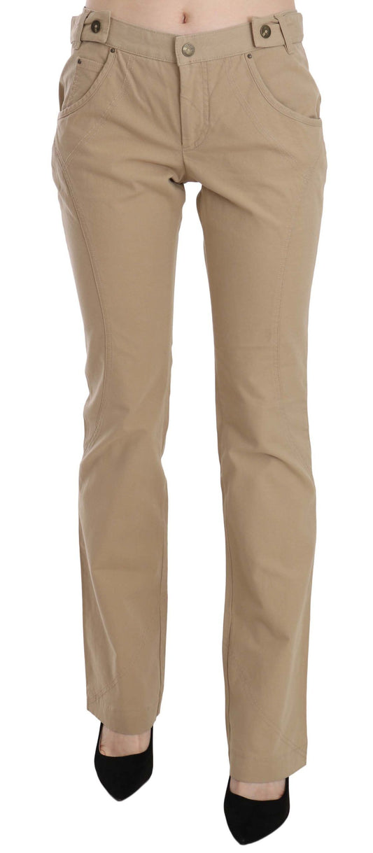 Just Cavalli Beige Cotton Mid Waist Straight Trousers Hosen