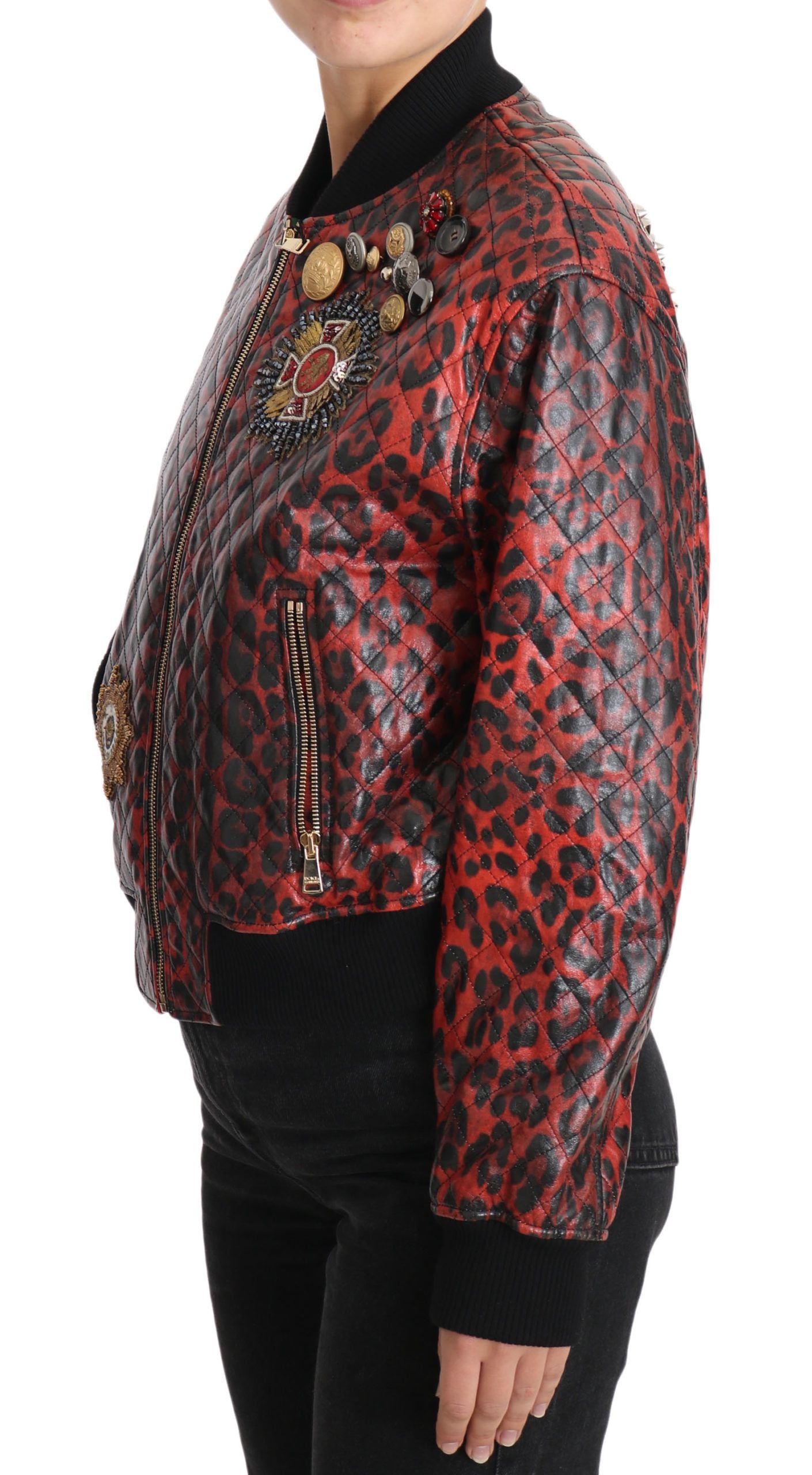 Dolce & Gabbana Rote Leopardenknopf-Kristall-Lederjacke