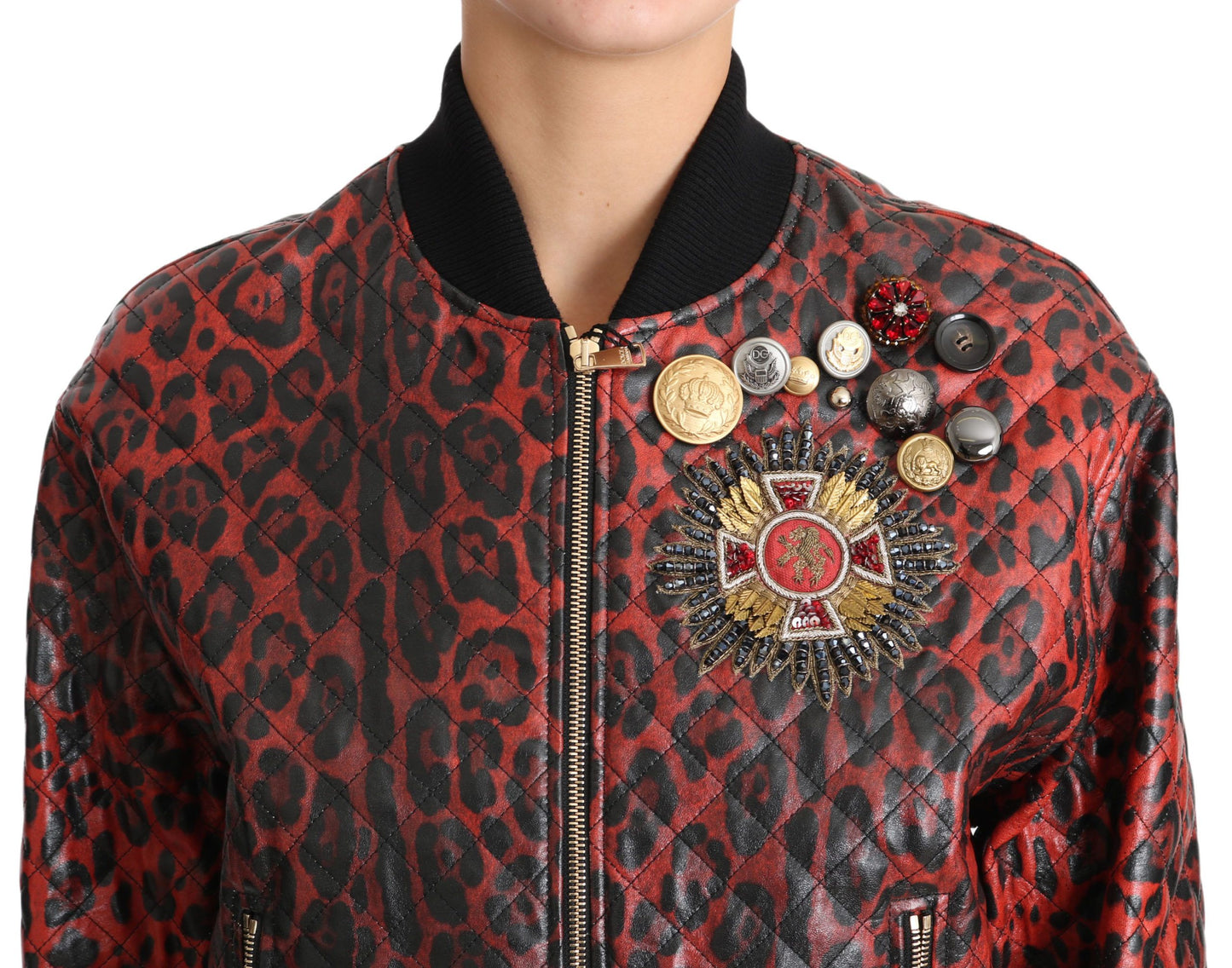 Dolce & Gabbana Rote Leopardenknopf-Kristall-Lederjacke