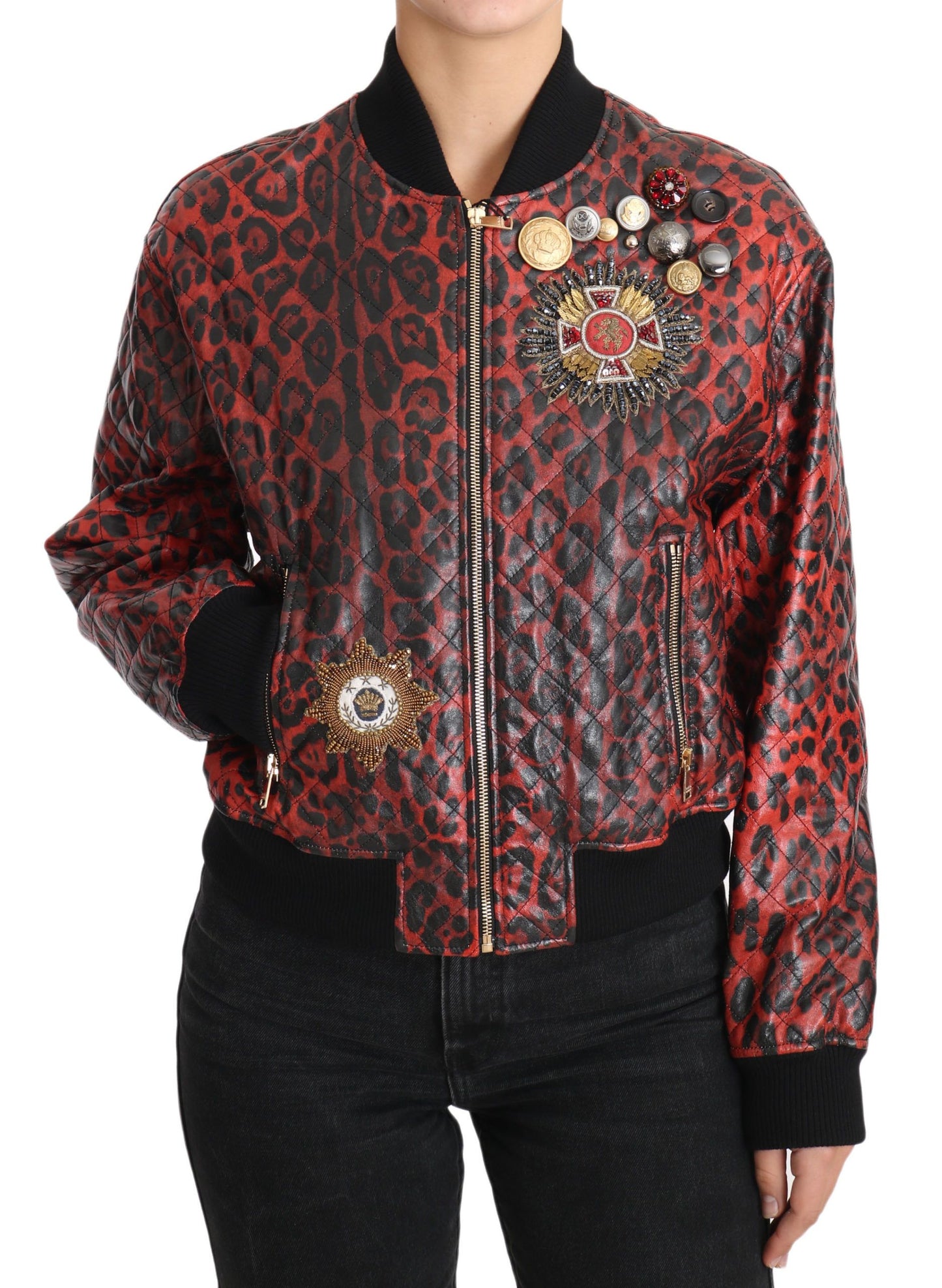 Dolce & Gabbana Rote Leopardenknopf-Kristall-Lederjacke