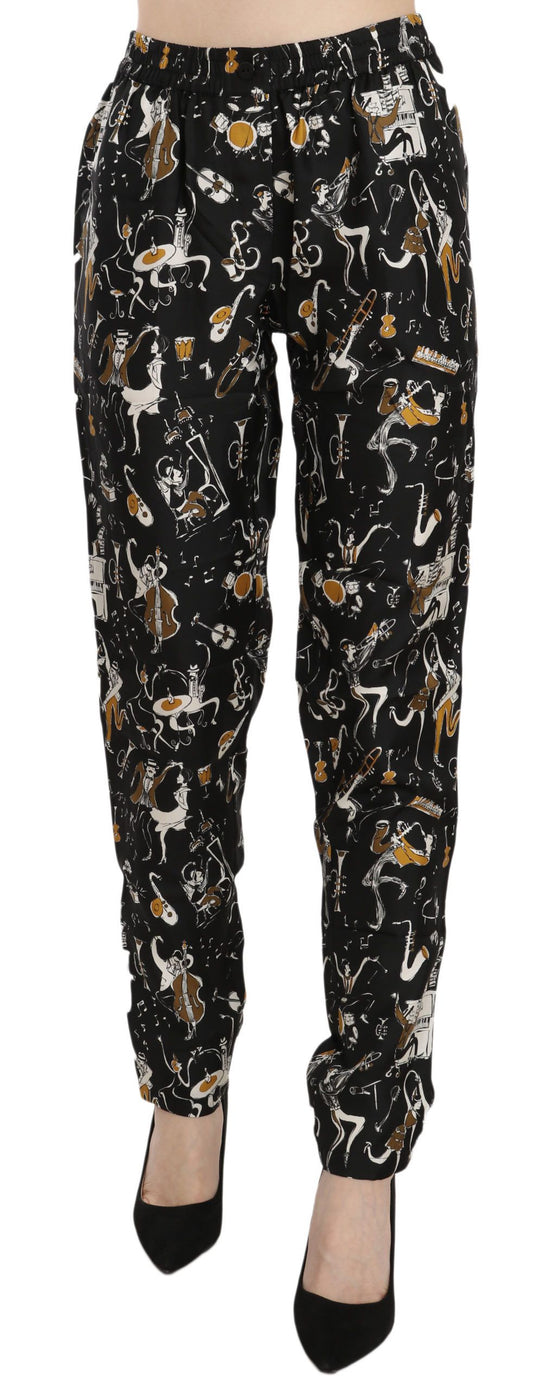 Dolce & Gabbana Schwarze Jazz Club Print Tapered Pants mit hoher Taille