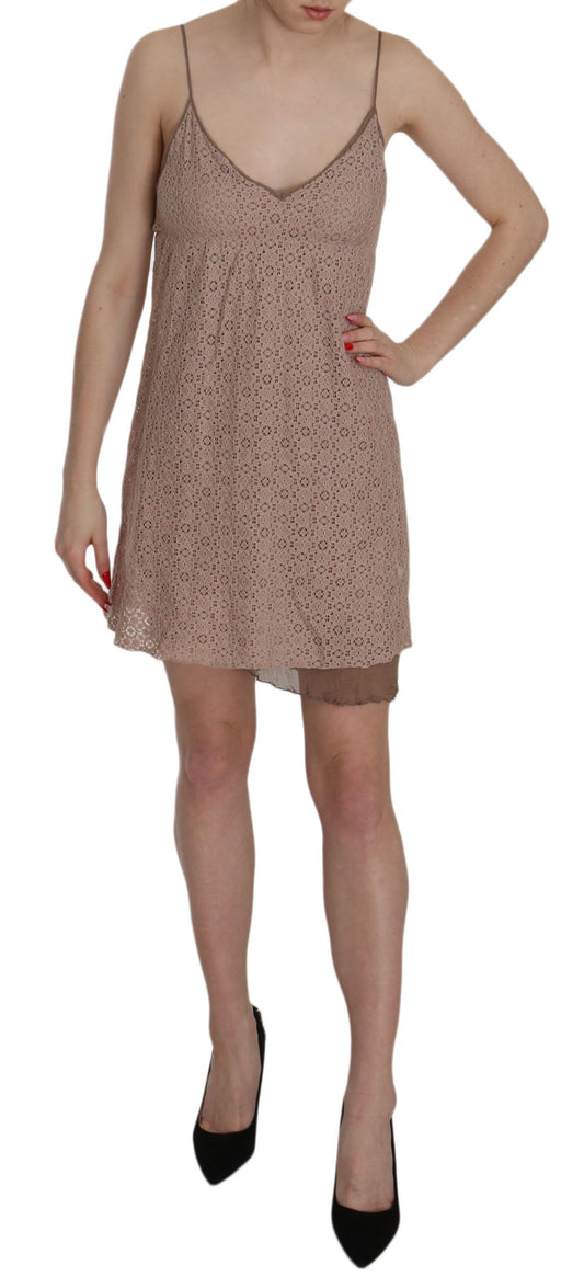 PINK MEMORIES Beige Spaghettiträger A-Linie Mini-Baumwollkleid