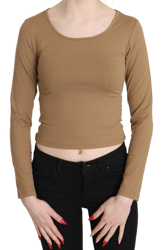 GF Ferre Brauner Rundhalsausschnitt Langärmliges schmales Crop-Top Bluse