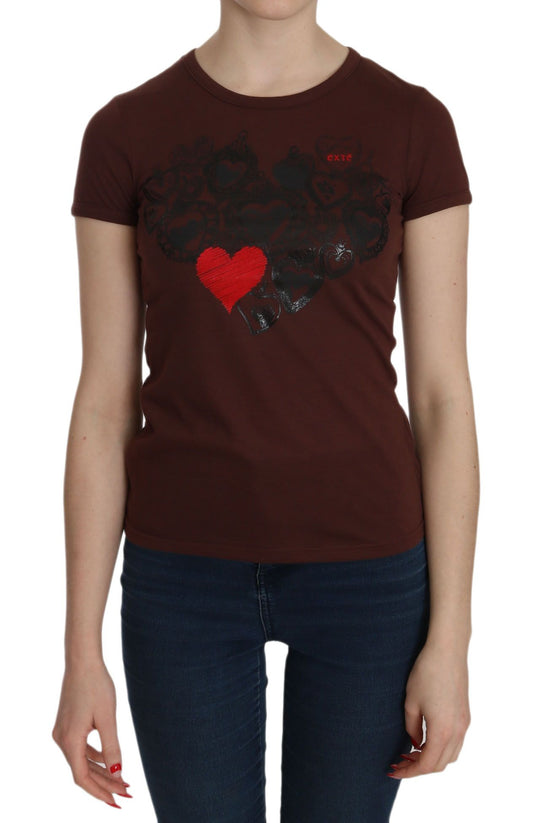 Exte Braunes Herz Print Rundhals-T-Shirt Kurzarm-Bluse