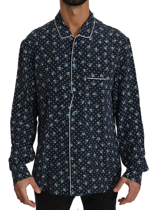 Dolce & Gabbana Blaues Seidentop mit Totenkopfdruck Nachtwäsche Shirt
