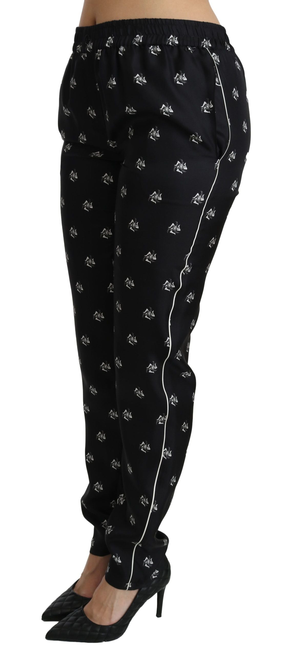 Dolce & Gabbana Schwarze bedruckte Skinny-Hose aus Seide mit mittlerer Taille
