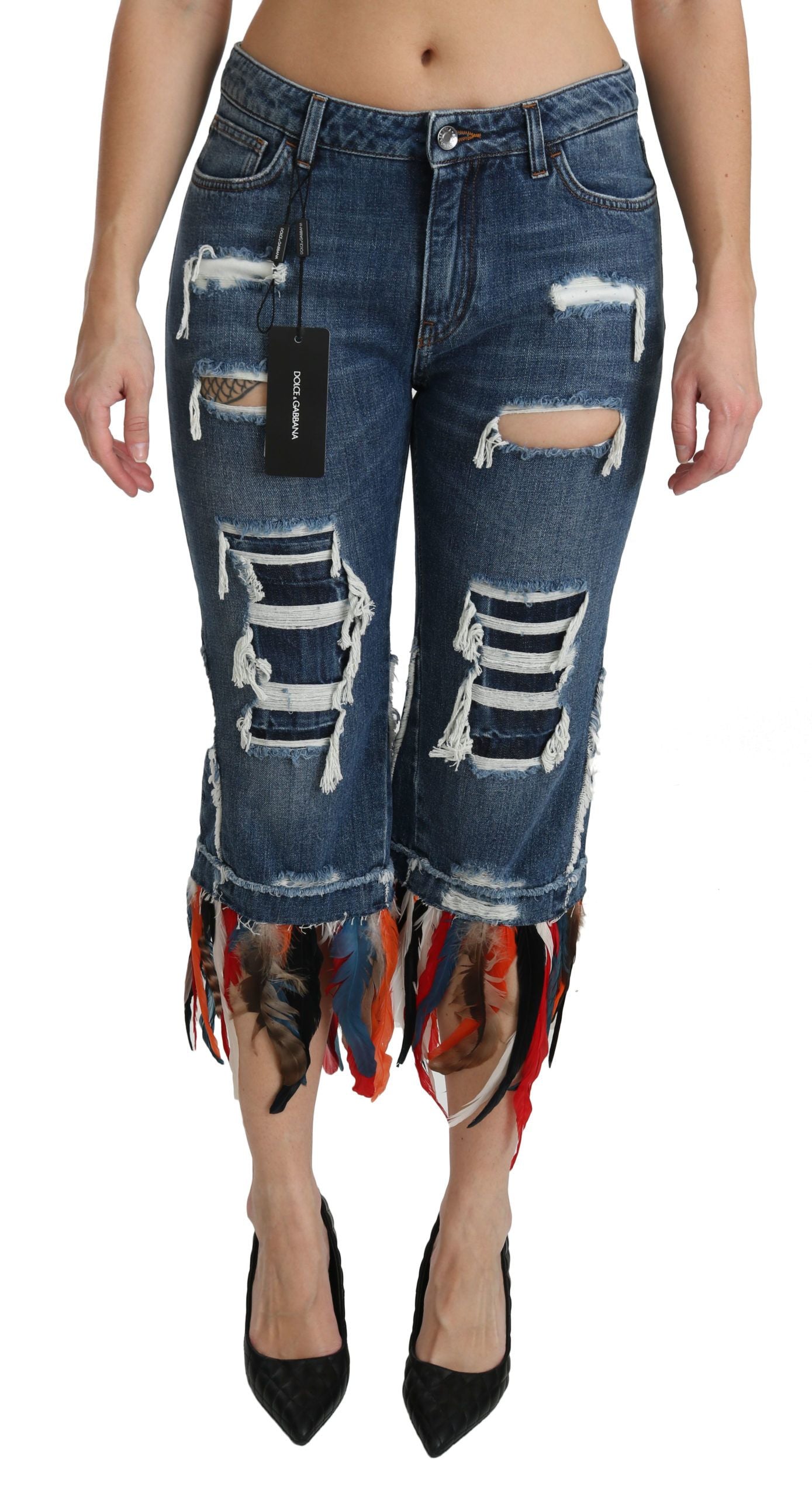 Dolce & Gabbana Blaue Federn Niedrig taillierte Jeans aus Baumwolle