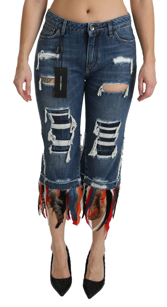 Dolce & Gabbana Blaue Federn Niedrig taillierte Jeans aus Baumwolle