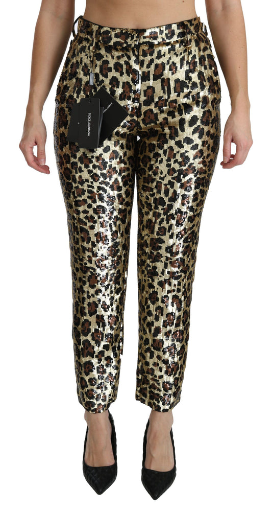 Dolce & Gabbana Braune Leoparden-Pailletten-Hose mit hoher Taille