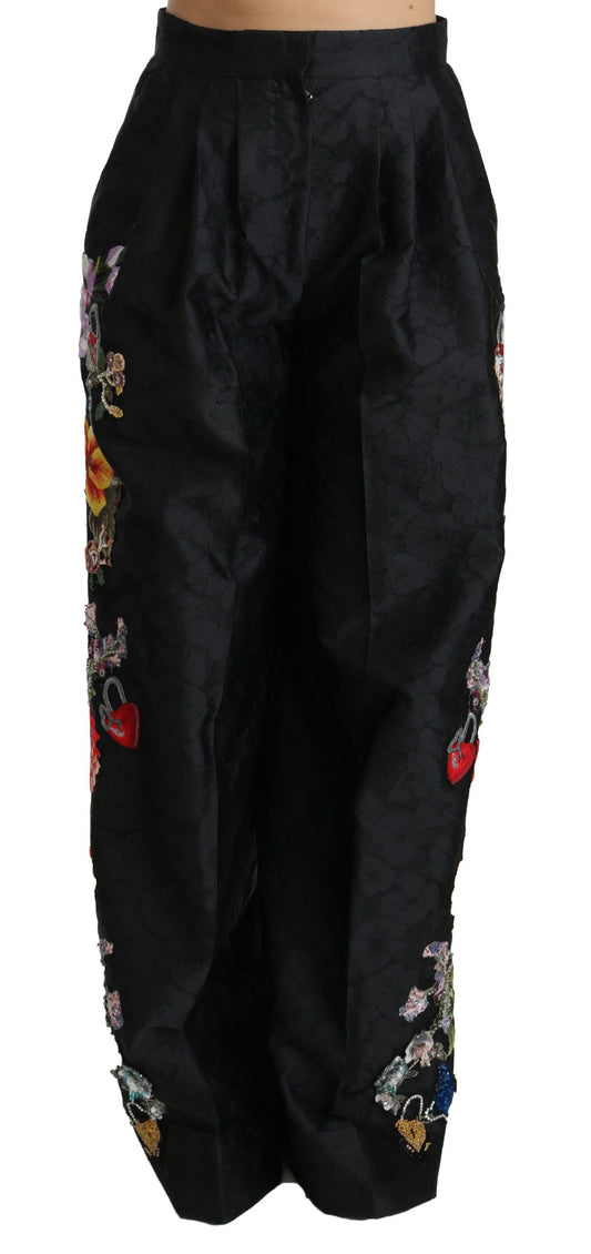 Dolce & Gabbana Schwarze Brokat-Hose mit floralen Pailletten und Perlen