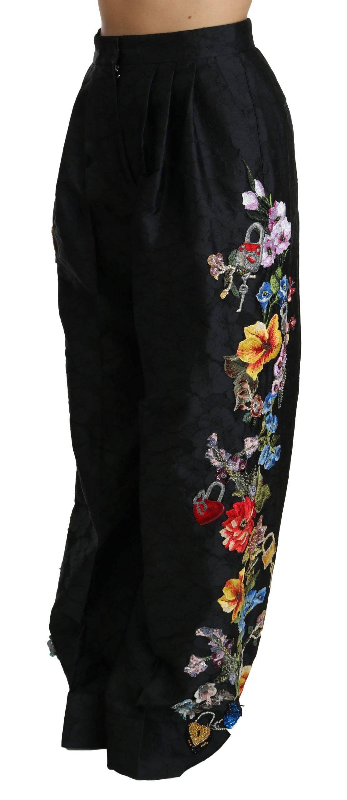 Dolce & Gabbana Schwarze Brokat-Hose mit floralen Pailletten und Perlen