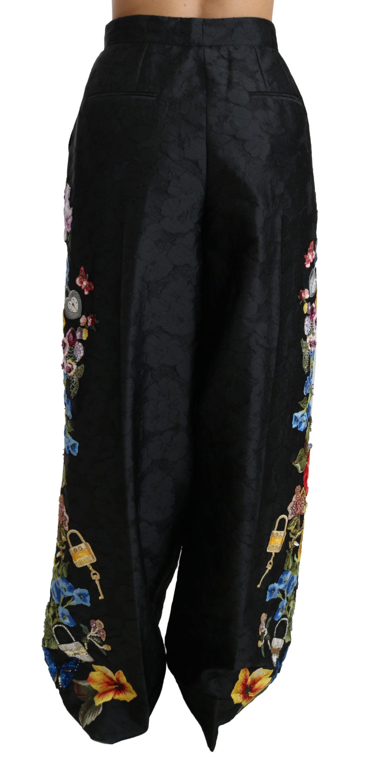 Dolce & Gabbana Schwarze Brokat-Hose mit floralen Pailletten und Perlen